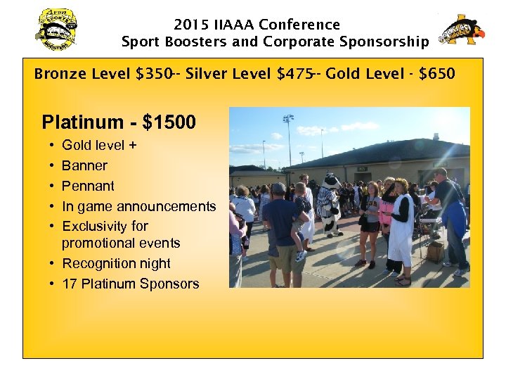 2015 IIAAA Conference Sport Boosters and Corporate Sponsorship Bronze Level $350 -- Silver Level