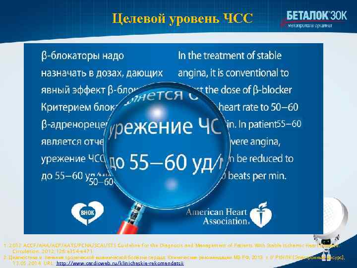 Целевой уровень ЧСС 1. 2012 ACCF/AHA/ACP/AATS/PCNA/SCAI/STS Guideline for the Diagnosis and Management of Patients
