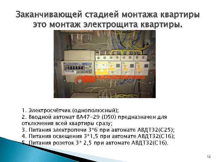 Заканчивающей стадией монтажа квартиры это монтаж электрощита квартиры. 1. Электросчётчик (однополюсный); 2. Вводной автомат