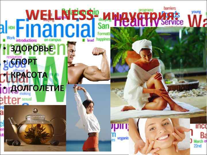 WELLNESS- индустрия: • • ЗДОРОВЬЕ СПОРТ КРАСОТА ДОЛГОЛЕТИЕ 