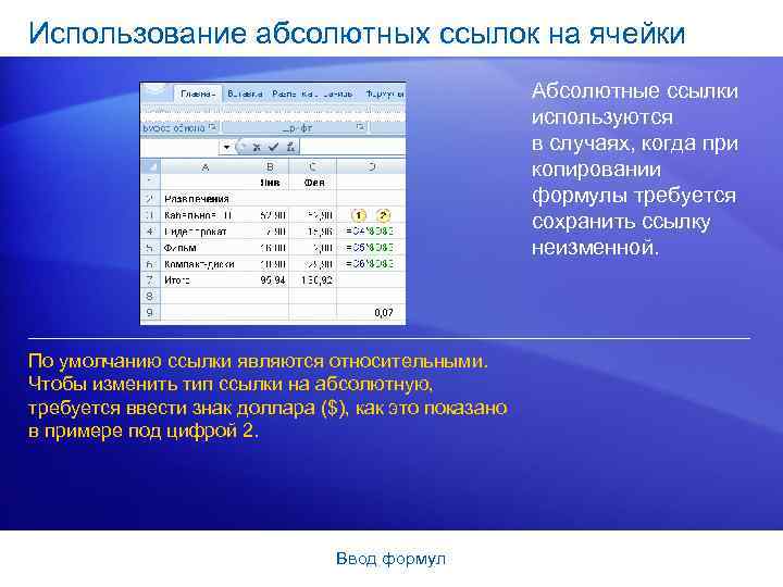 Использование абсолютных ссылок на ячейки Абсолютные ссылки используются в случаях, когда при копировании формулы
