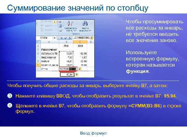Суммирование значений по столбцу Чтобы просуммировать все расходы за январь, не требуется вводить все