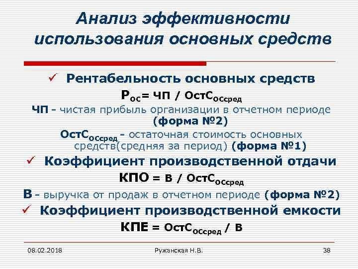 Анализ эффективности использования основных средств ü Рентабельность основных средств РОС= ЧП / Ост. СОСсред