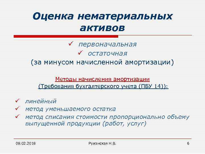 Оценка нематериальных активов ü первоначальная ü остаточная (за минусом начисленной амортизации) Методы начисления амортизации