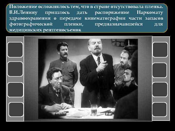 Положение осложнялось тем, что в стране отсутствовала пленка. В. И. Ленину пришлось дать распоряжение