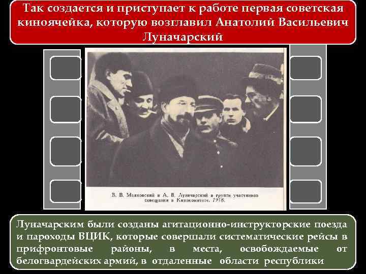 Так создается и приступает к работе первая советская киноячейка, которую возглавил Анатолий Васильевич Луначарский