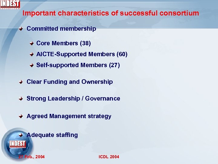 Important characteristics of successful consortium Committed membership Core Members (38) AICTE-Supported Members (60) Self-supported