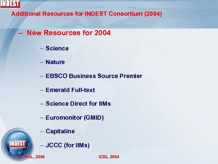 Additional Resources for INDEST Consortium (2004) – New Resources for 2004 – Science –