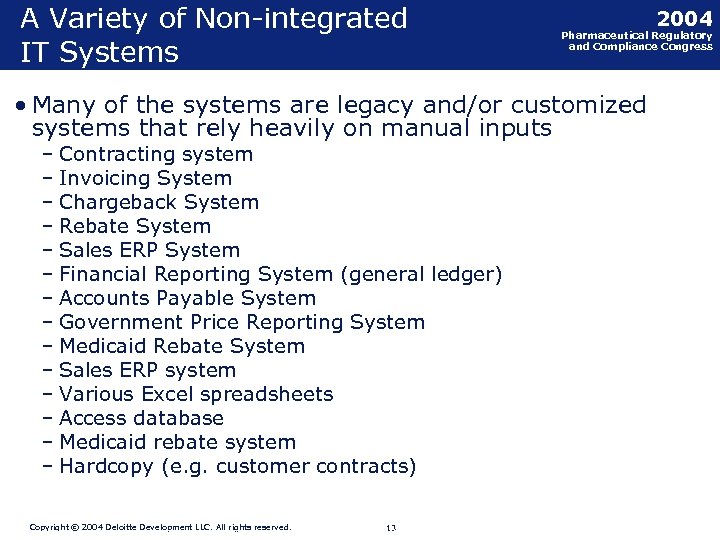 A Variety of Non-integrated IT Systems • Many of the systems are legacy and/or