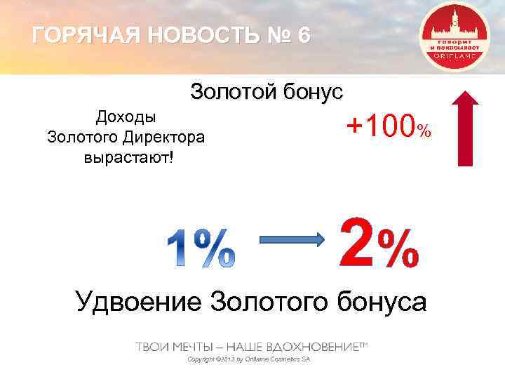 ГОРЯЧАЯ НОВОСТЬ № 6 Золотой бонус Доходы Золотого Директора вырастают! +100% 2% Удвоение Золотого
