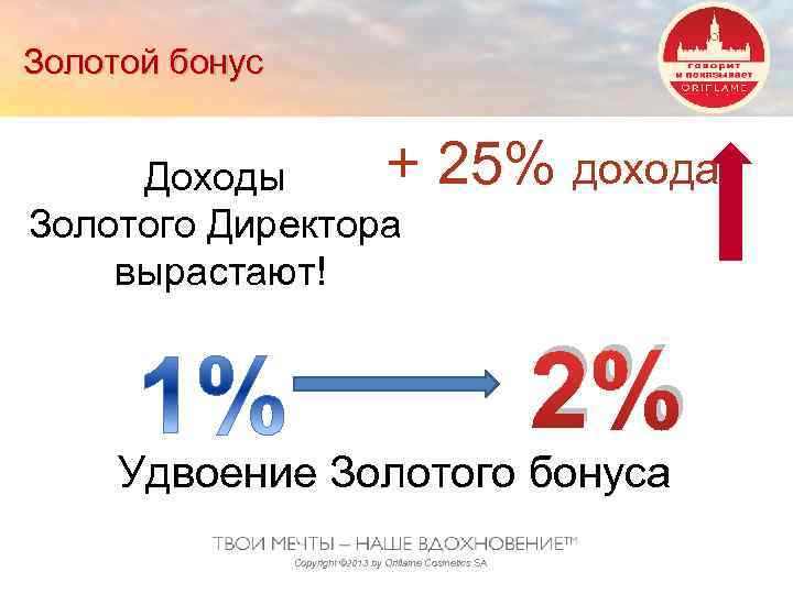 Золотой бонус + 25% дохода Доходы Золотого Директора вырастают! 2% Удвоение Золотого бонуса Copyright