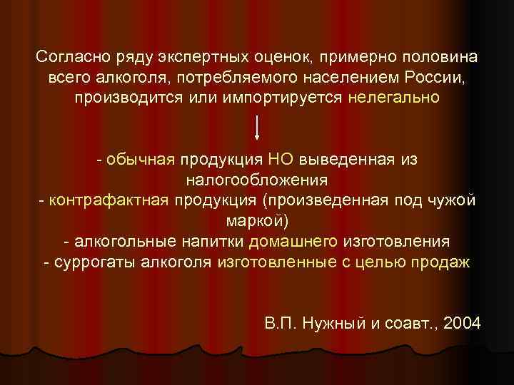 Согласно ряду экспертных оценок, примерно половина всего алкоголя, потребляемого населением России, производится или импортируется