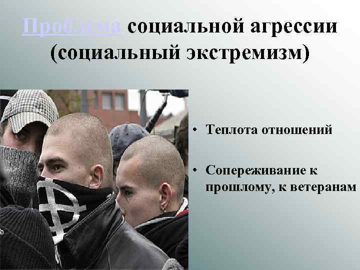 Проблема социальной агрессии (социальный экстремизм) • Теплота отношений • Сопереживание к прошлому, к ветеранам