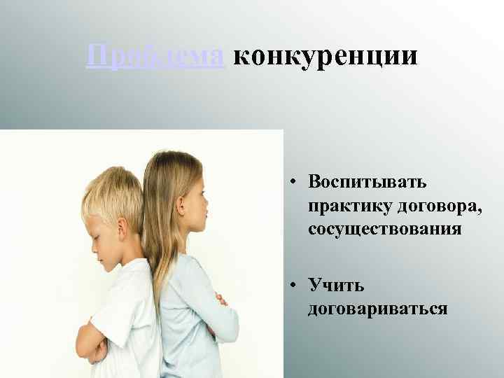 Проблема конкуренции • Воспитывать практику договора, сосуществования • Учить договариваться 