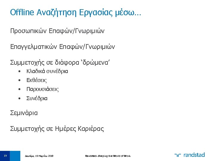 Offline Αναζήτηση Εργασίας μέσω… Προσωπικών Επαφών/Γνωριμιών Επαγγελματικών Επαφών/Γνωριμιών Συμμετοχής σε διάφορα ‘δρώμενα’ • Κλαδικά