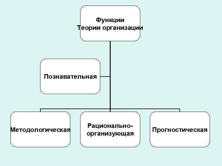 Функции Теории организации Познавательная Методологическая Рациональноорганизующая Прогностическая 