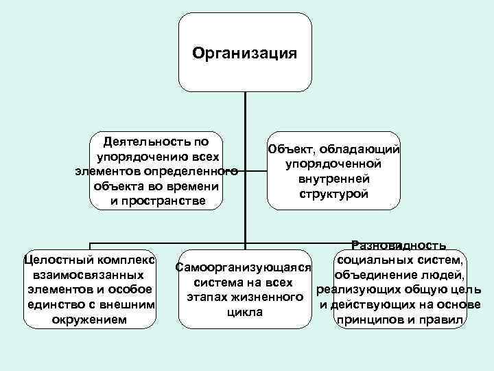 Организация Деятельность по упорядочению всех элементов определенного объекта во времени и пространстве Целостный комплекс