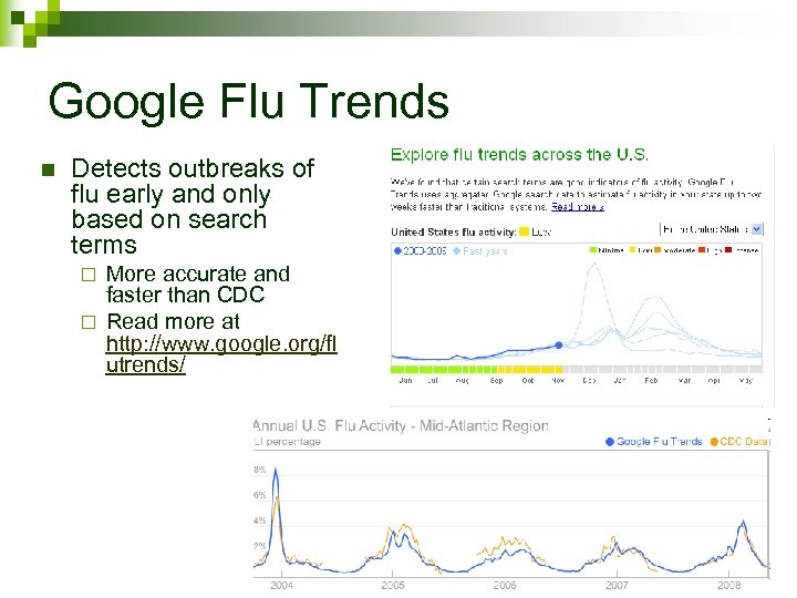 Google Flu Trends n Detects outbreaks of flu early and only based on search