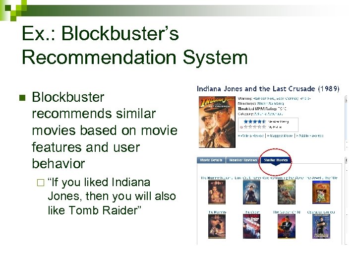 Ex. : Blockbuster’s Recommendation System n Blockbuster recommends similar movies based on movie features