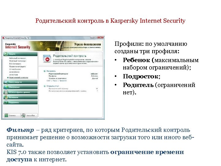 Родительский контроль в Kaspersky Internet Security Профили: по умолчанию созданы три профиля: • Ребенок