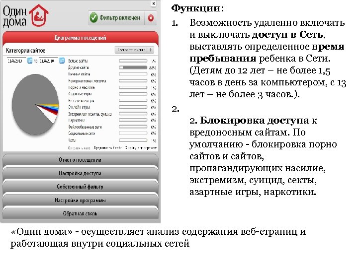 Функции: 1. Возможность удаленно включать и выключать доступ в Сеть, выставлять определенное время пребывания