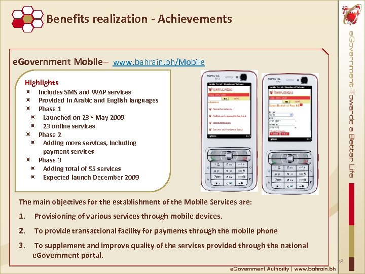 Benefits realization ‐ Achievements e. Government Mobile– www. bahrain. bh/Mobile Highlights Includes SMS and