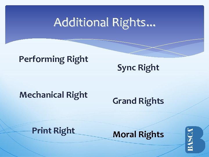 Additional Rights. . . Performing Right Mechanical Right Print Right Sync Right Grand Rights