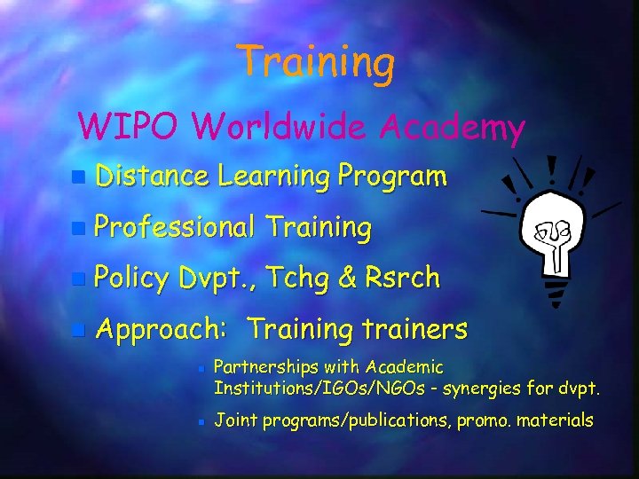 Training WIPO Worldwide Academy n Distance Learning Program n Professional Training n Policy Dvpt.