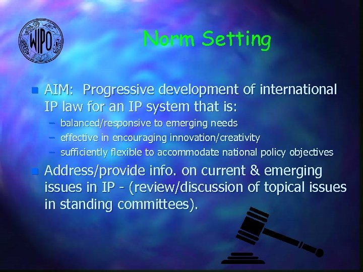 Norm Setting n AIM: Progressive development of international IP law for an IP system