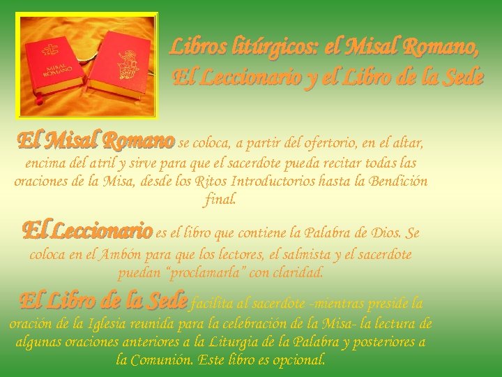Libros litúrgicos: el Misal Romano, El Leccionario y el Libro de la Sede El