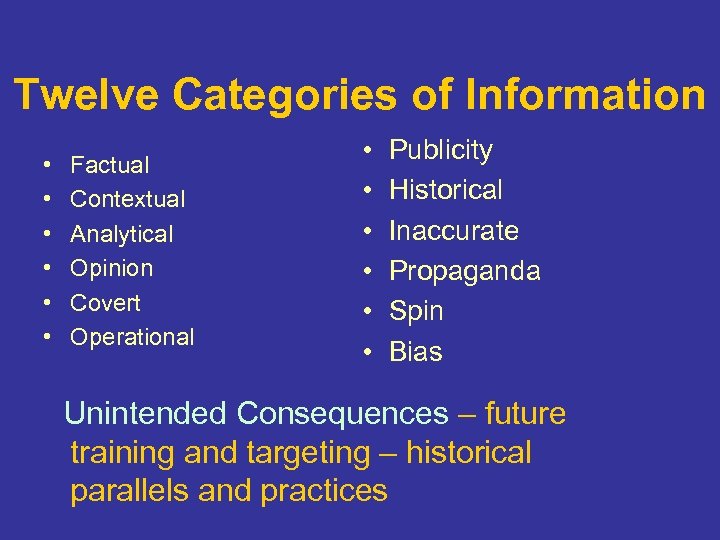 Twelve Categories of Information • • • Factual Contextual Analytical Opinion Covert Operational •
