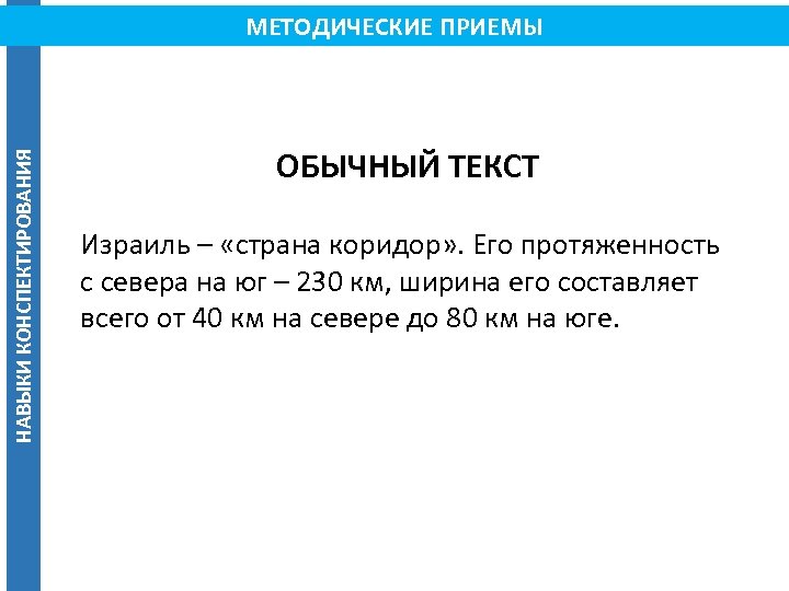 НАВЫКИ КОНСПЕКТИРОВАНИЯ МЕТОДИЧЕСКИЕ ПРИЕМЫ ОБЫЧНЫЙ ТЕКСТ Израиль – «страна коридор» . Его протяженность с