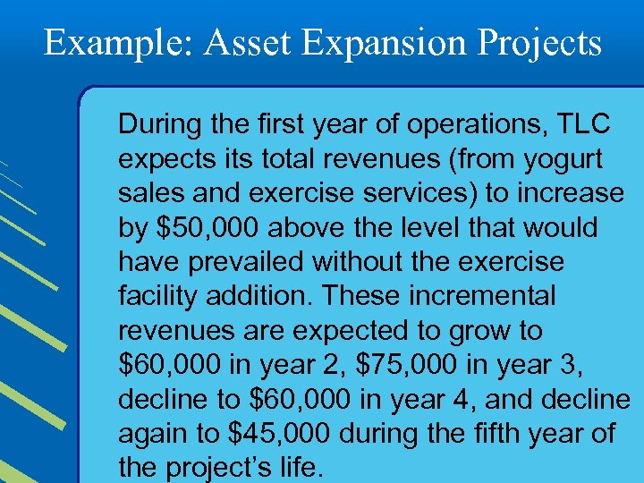 Example: Asset Expansion Projects During the first year of operations, TLC expects its total