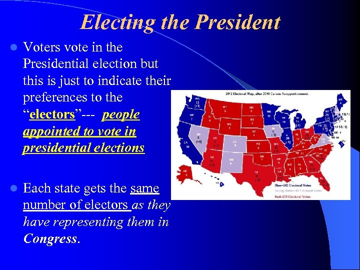 Electing the President l Voters vote in the Presidential election but this is just