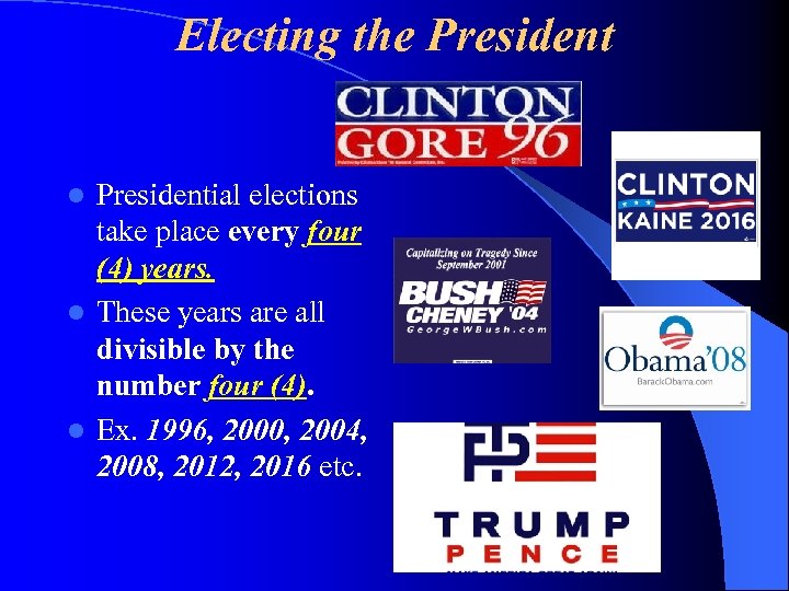 Electing the Presidential elections take place every four (4) years. l These years are