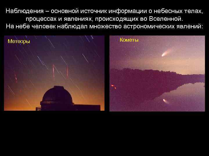 Наблюдения – основной источник информации о небесных телах, процессах и явлениях, происходящих во Вселенной.