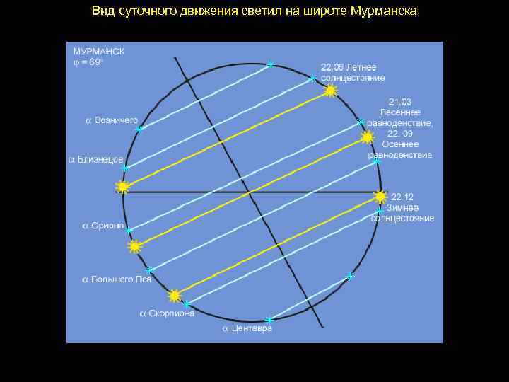 Вид суточного движения светил на широте Мурманска 