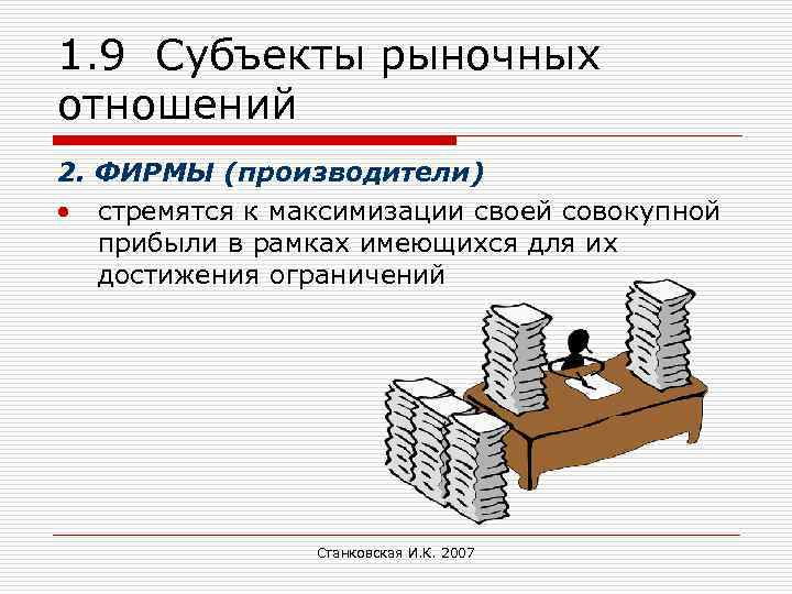 1. 9 Субъекты рыночных отношений 2. ФИРМЫ (производители) стремятся к максимизации своей совокупной прибыли