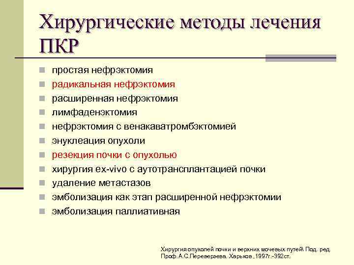 Хирургические методы лечения ПКР n простая нефрэктомия n радикальная нефрэктомия n расширенная нефрэктомия n