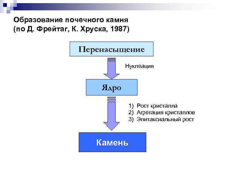 Образование почечного камня (по Д. Фрейтаг, К. Хруска, 1987) Перенасыщение Нуклеация Ядро 1) Рост