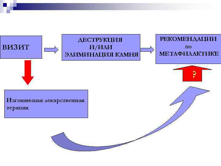 ВИЗИТ ДЕСТРУКЦИЯ И/ИЛИ ЭЛИМИНАЦИЯ КАМНЯ РЕКОМЕНДАЦИИ по МЕТАФИЛАКТИКЕ ? Изгоняющая лекарственная терапия 