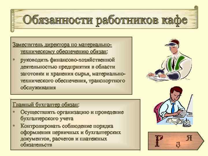 Обязанности работников кафе Заместитель директора по материальнотехническому обеспечению обязан: • руководить финансово-хозяйственной деятельностью предприятия