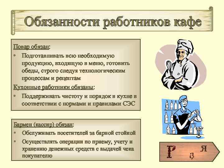 Обязанности работников кафе Повар обязан: • Подготавливать всю необходимую продукцию, входящую в меню, готовить