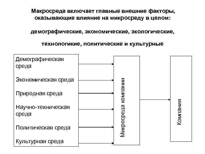 Макросреда включает главные внешние факторы, оказывающие влияние на микросреду в целом: демографические, экономические, экологические,