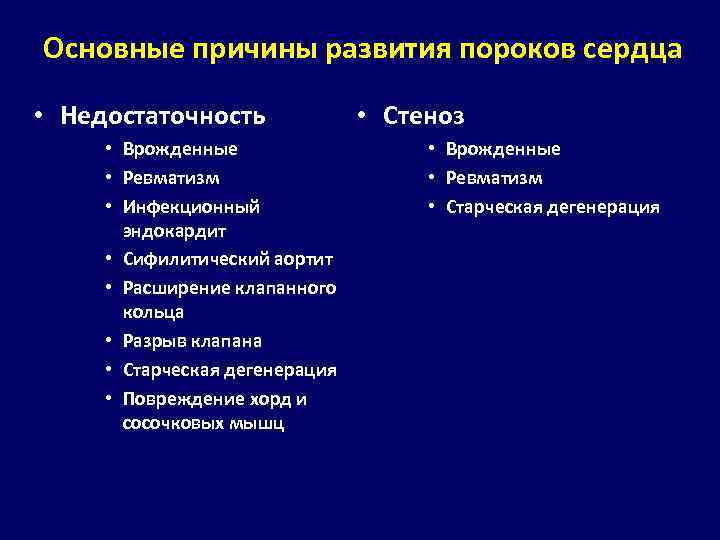 Основные причины развития пороков сердца • Недостаточность • Врожденные • Ревматизм • Инфекционный эндокардит