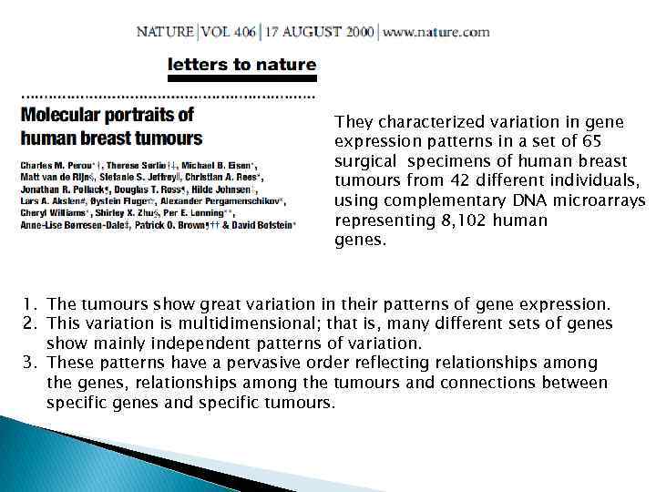 They characterized variation in gene expression patterns in a set of 65 surgical specimens