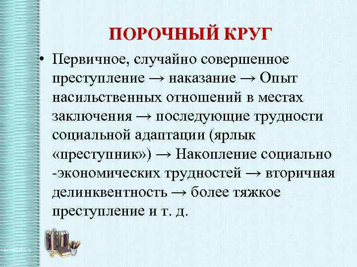 ПОРОЧНЫЙ КРУГ • Первичное, случайно совершенное преступление → наказание → Опыт насильственных отношений в