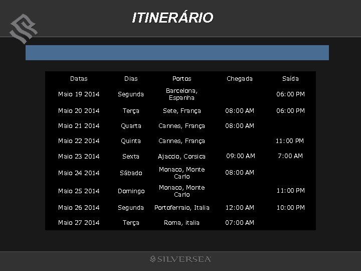 ITINERÁRIO Datas Dias Portos Chegada Saída Maio 19 2014 Segunda Barcelona, Espanha 06: 00