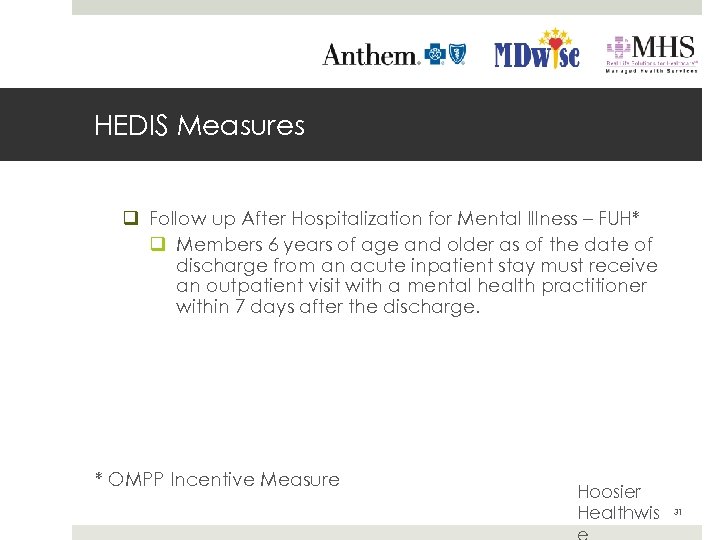 HEDIS Measures q Follow up After Hospitalization for Mental Illness – FUH* q Members