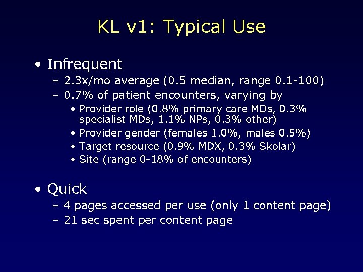 KL v 1: Typical Use • Infrequent – 2. 3 x/mo average (0. 5